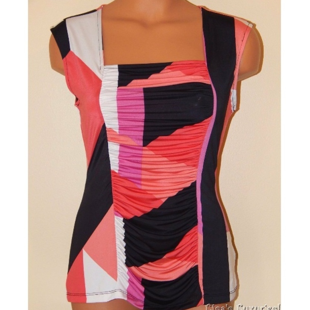 GRAYSON Top Silky Ruched front Geometric S NWT